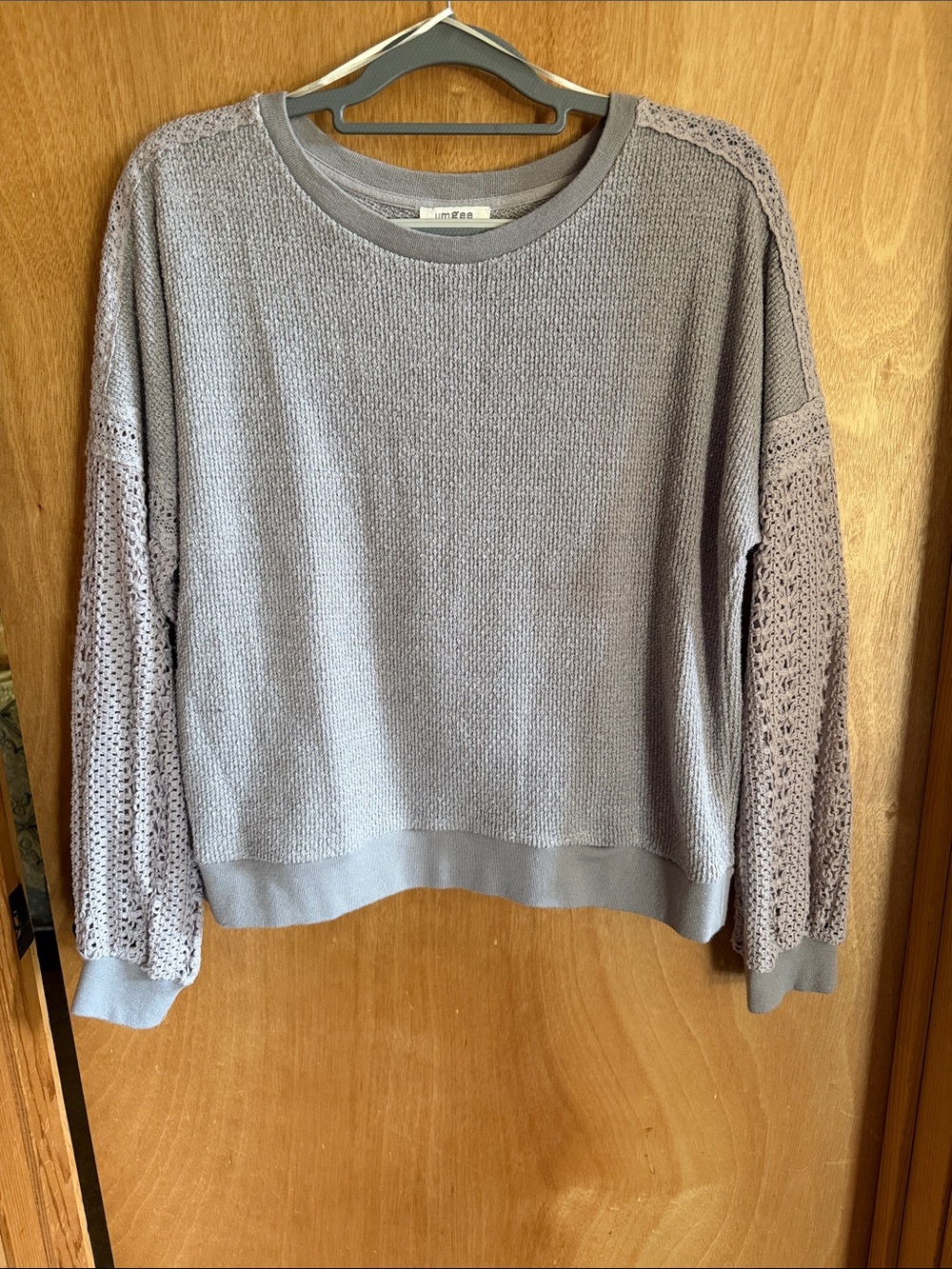 Umgee Lavender Gray Crochet Sleeve Knit Pullover